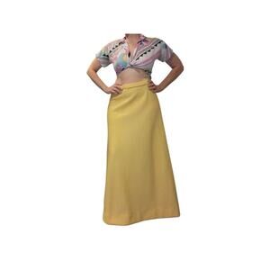 womens Vintage 1970s Yellow Gigham coord set matching two piece vest maxi skirt